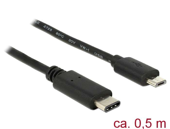 Delock Kabel USB Type-C 2.0 Stecker > USB 2.0 Typ Micro-B Stecker 0,5 m schwarz