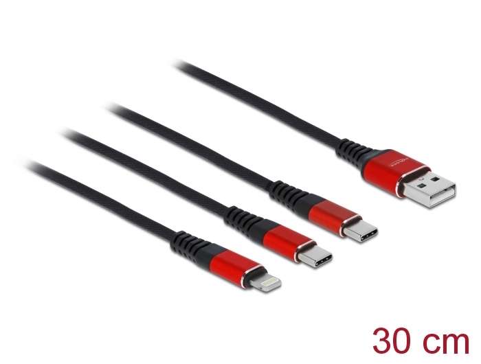 Delock USB Ladekabel 3 in 1 Typ-A zu Lightning / 2 x USB Type-C 30 cm