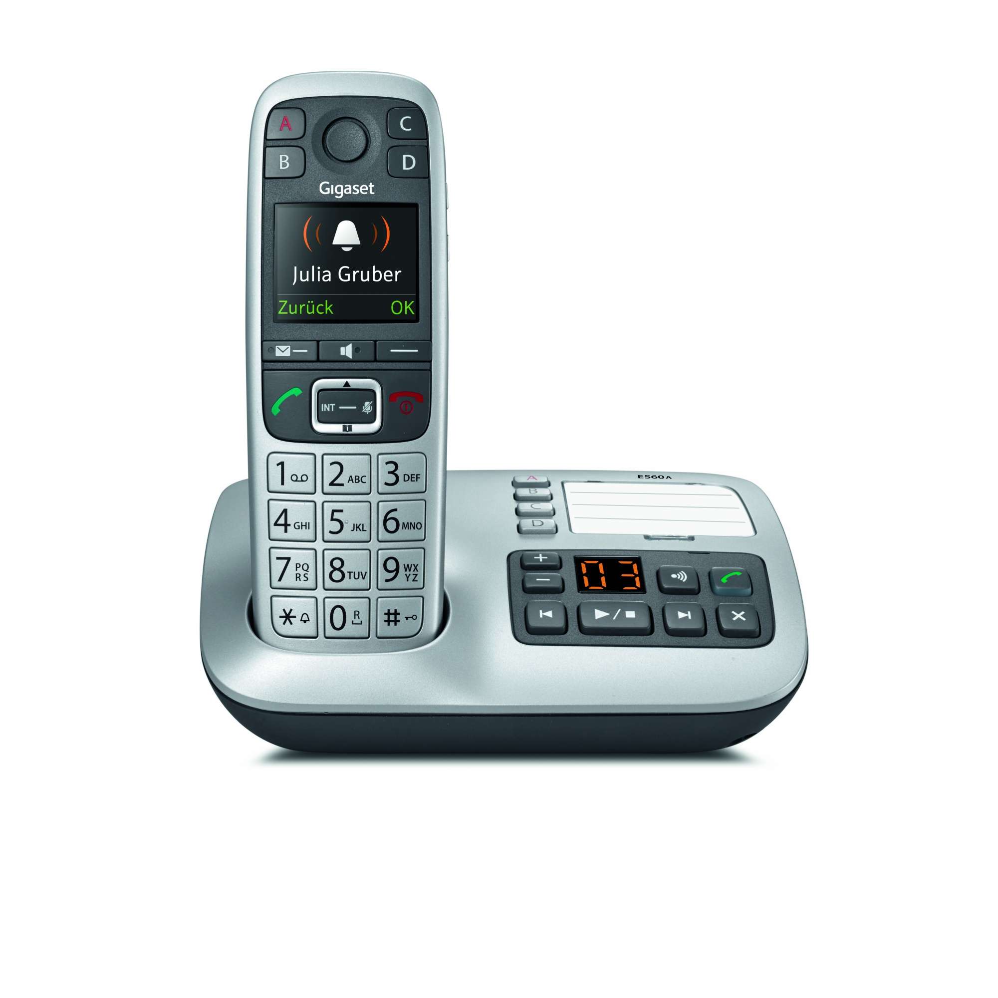 Gigaset E560A int. Großtasten-Schnurlostelefon mit Anrufbeantworter - platin