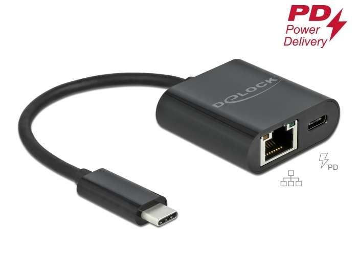 Delock USB Type-C Adapter zu Gigabit LAN 10/100/1000 Mbps mit PD schwarz