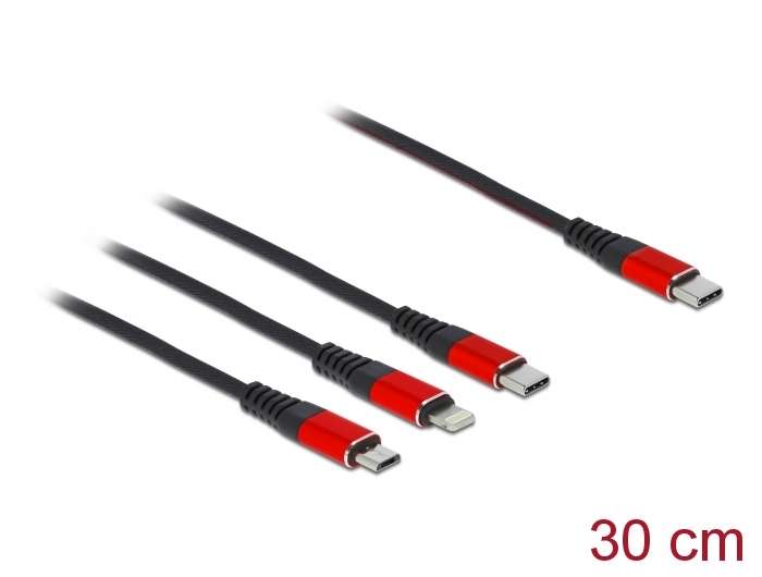 Delock USB Ladekabel 3 in 1 Type-C zu Lightning / Micro USB / Type-C 30 cm