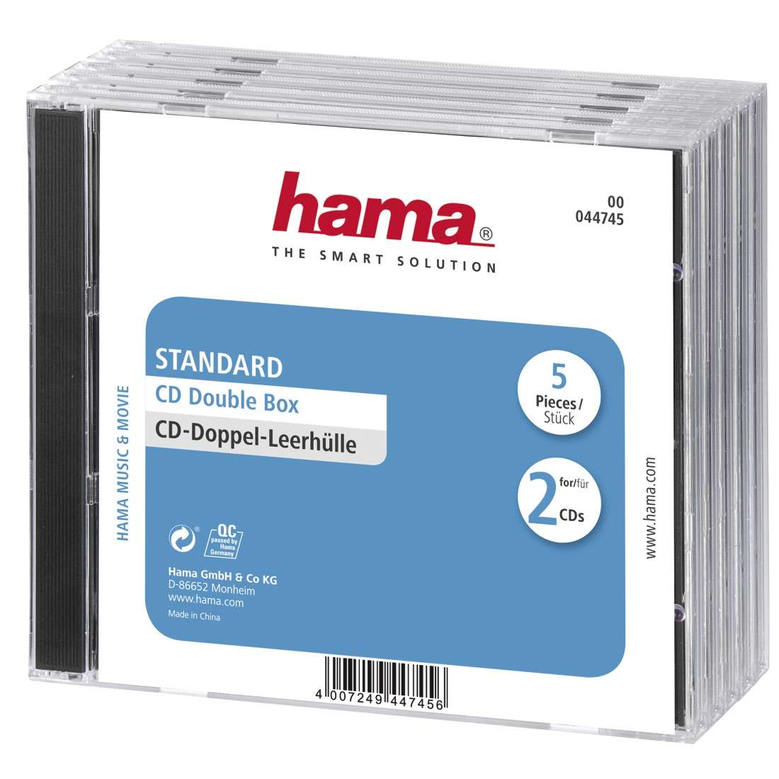 HAMA CD-Doppel-Leerhülle Standard, 5er-Pack, Transparent/Schwarz