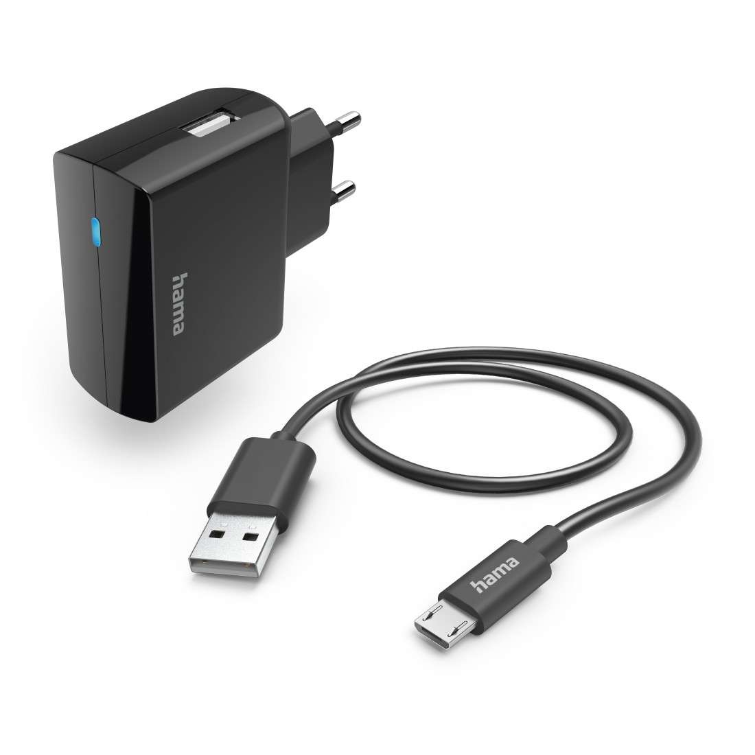 HAMA Ladegerät mit Ladekabel Micro-USB, 12 W, 1,0 m, Schwarz