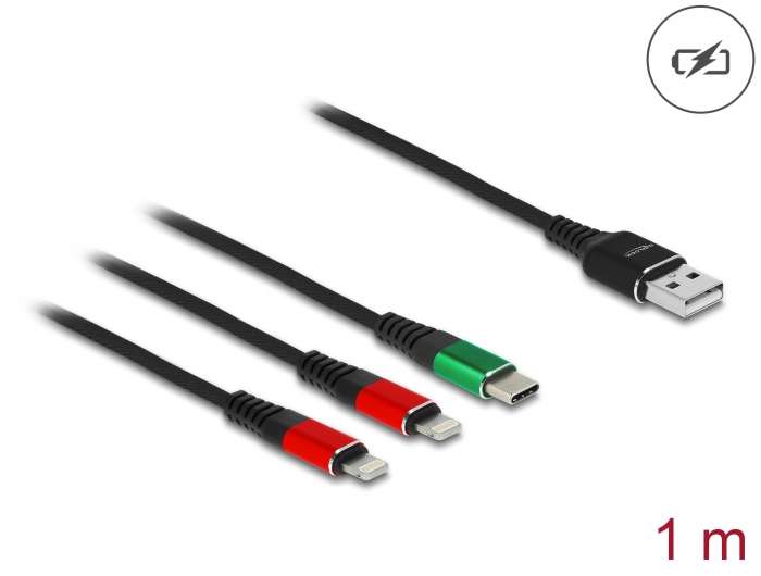 Delock USB Ladekabel 3 in 1 Typ-A zu 2 x Lightning / USB Type-C 1 m
